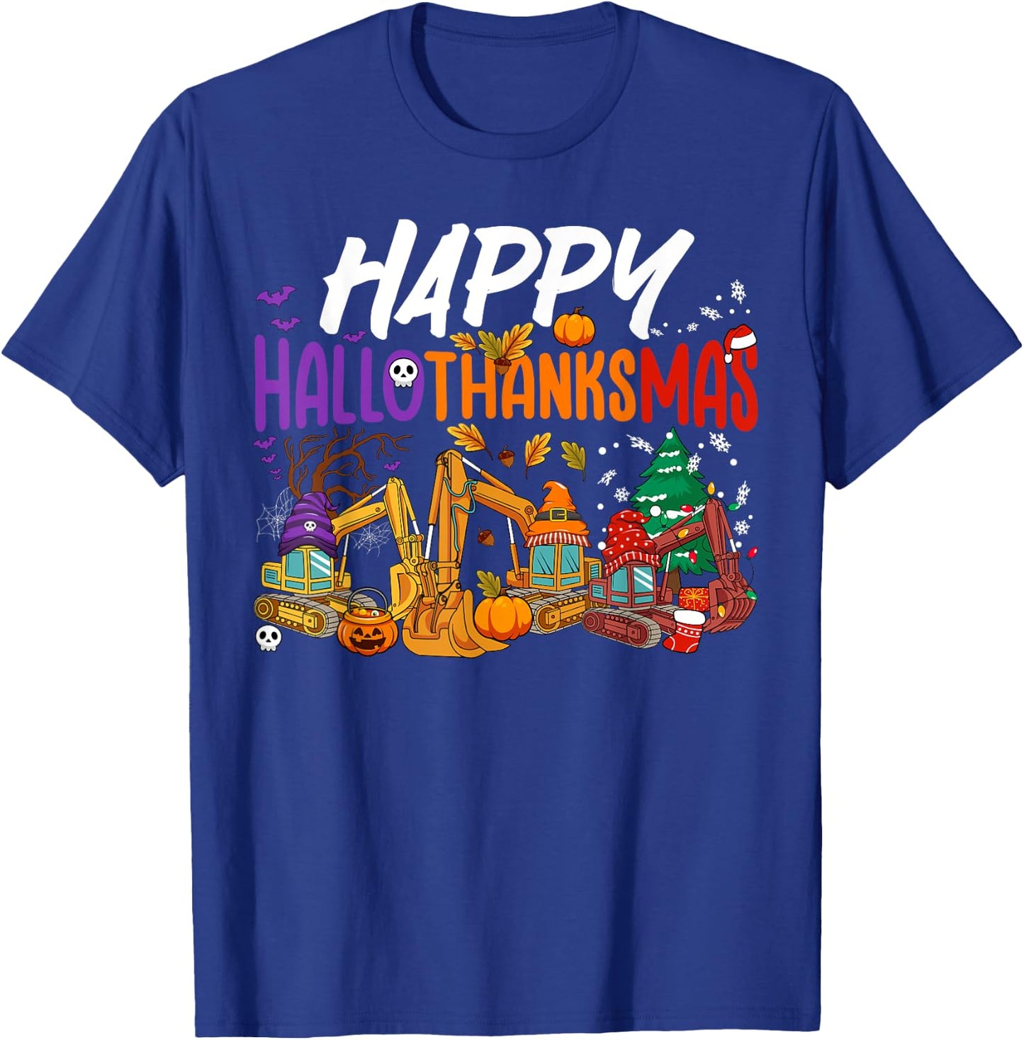 HalloThanksMas Halloween Thanksgiving Christmas Excavator T-Shirt - T-Shirt | Royal