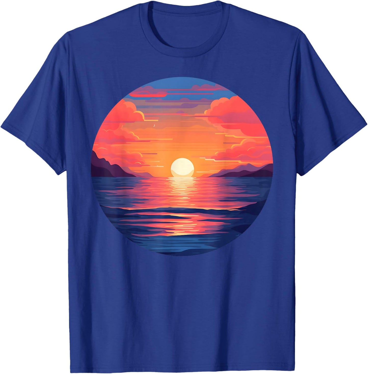 Retro Warm Sunset Calm Ocean Orange Pink Sky Mountains Scene T-Shirt - T-Shirt | Royal