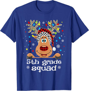 5th Grade Squad Plaid Reindeer Santa Hat Teacher Christmas T-Shirt - T-Shirt | Royal