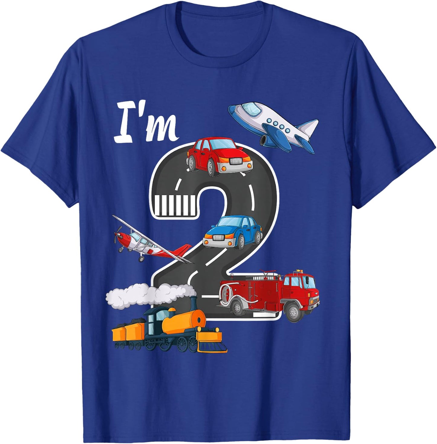 Trains Car Fire Truck Airplane 2nd Birthday Boy 2 Year Old T-Shirt - T-Shirt | Royal