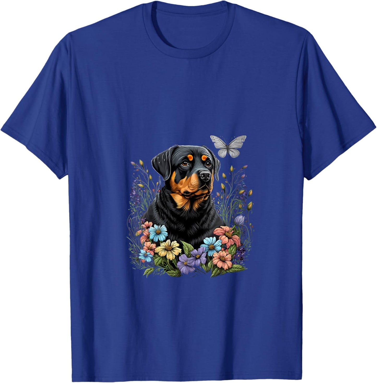 Women's Rottweiler and Butterfly in the Spring Garden Floral Black V-Neck T-Shirt - T-Shirt | Royal