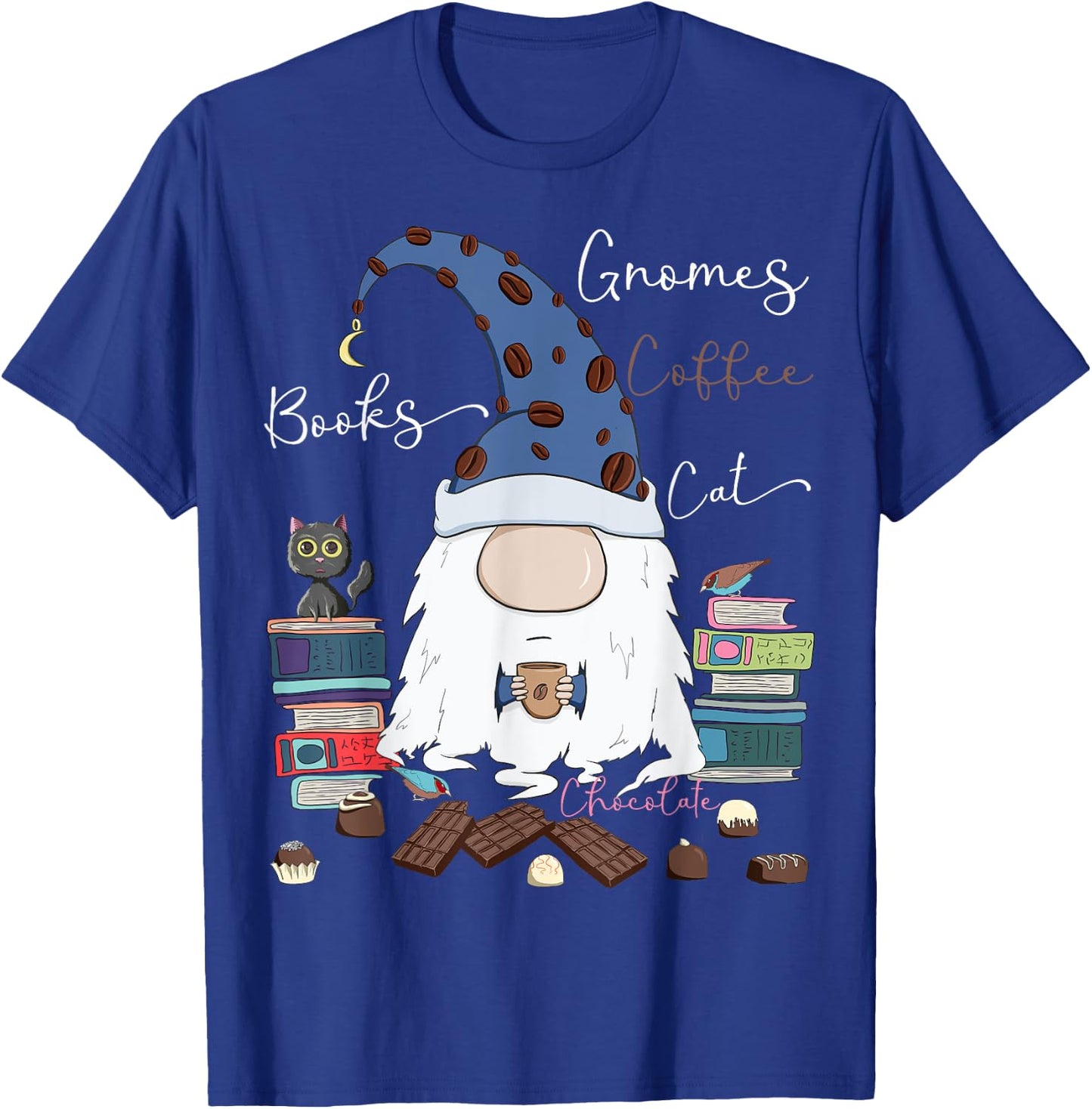 Gnomes Coffee Books Cat Chocolate Funny Gnome & Coffee Lover Men Women Girls Kids T-Shirt - T-Shirt | Royal