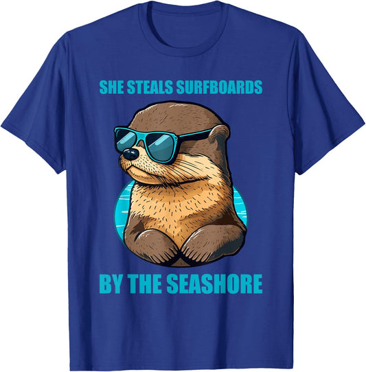 Otter 841 Surfing Otter She Steals Surfboards Californian T-Shirt - T-Shirt | Royal