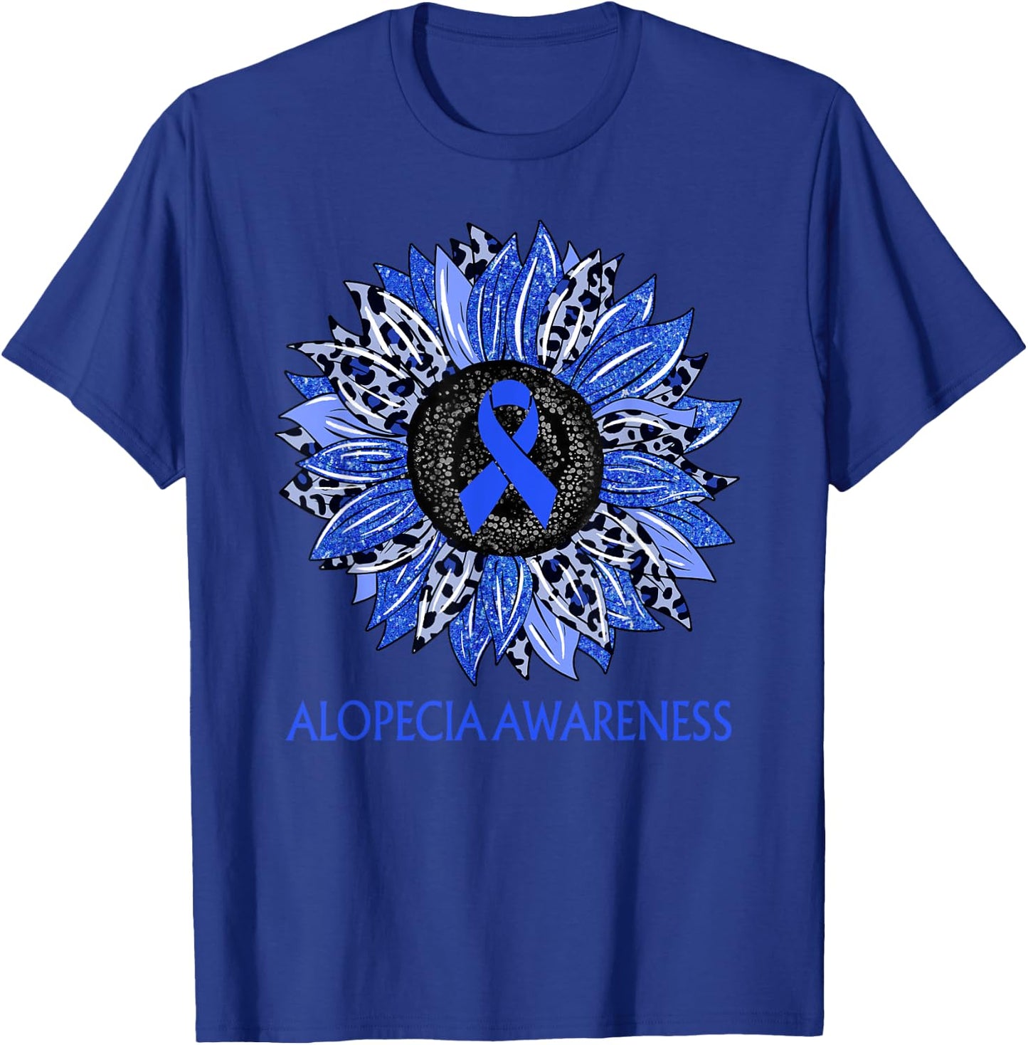 Leopard Sunflower Alopecia Awareness Blue Ribbon Support T-Shirt - T-Shirt | Royal
