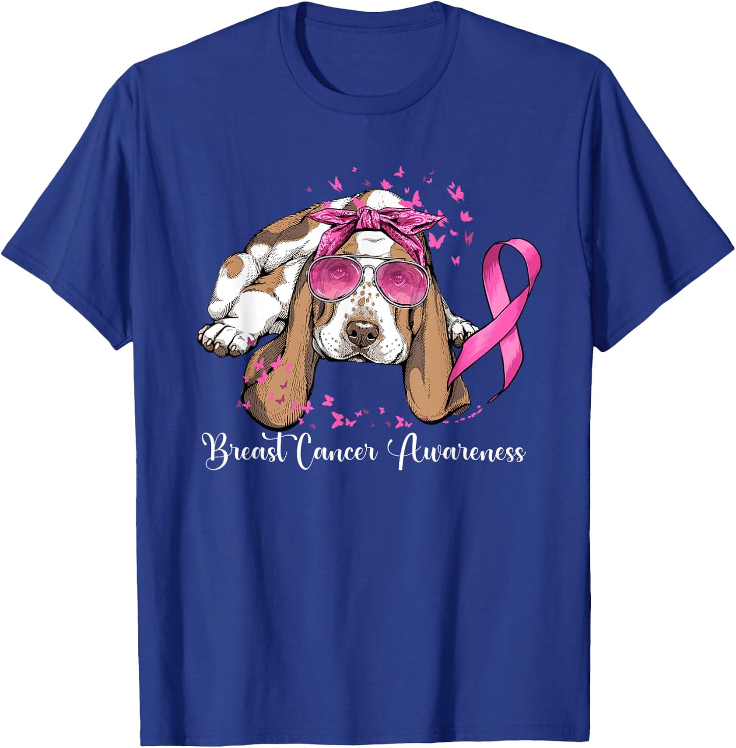 Basset Hound Dog Lover Pink Ribbon Breast Cancer Awareness Men Women T-Shirt - T-Shirt | Royal