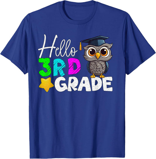 Hello 3rd Grade Third Grade Owl Back to School Kid Teacher T-Shirt - T-Shirt | Royal