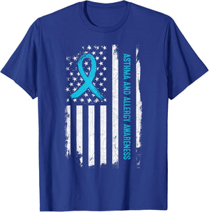 Asthma and Allergy Awareness American Flag Light Blue Ribbon Men T-Shirt - T-Shirt | Royal