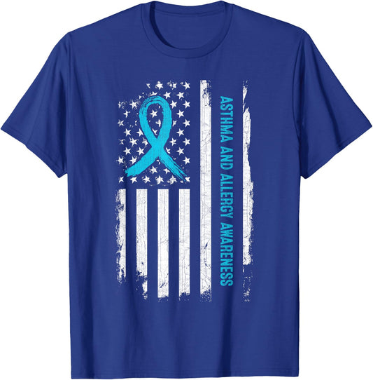 Asthma and Allergy Awareness American Flag Light Blue Ribbon Men T-Shirt - T-Shirt | Royal
