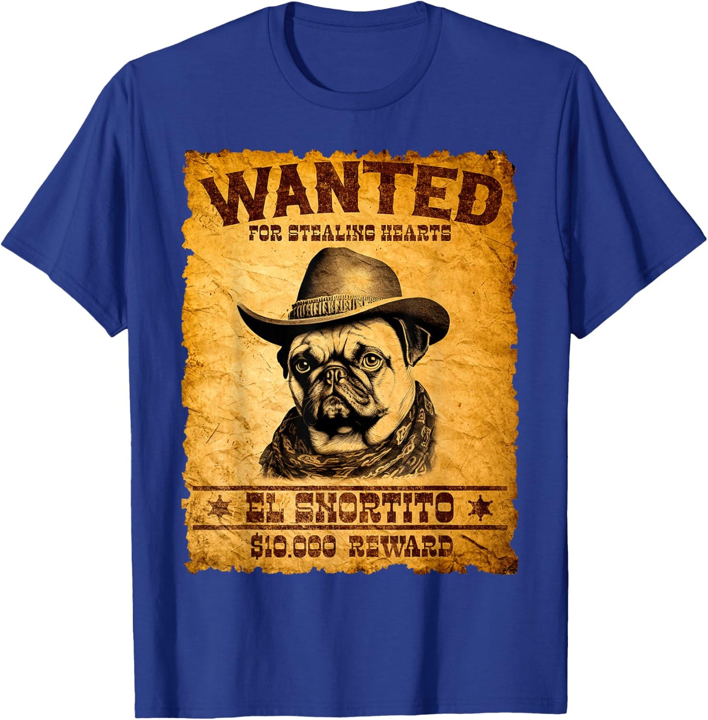 Funny Vintage Pug Wanted Poster Cute Western Cowboy Pug Dog T-Shirt - T-Shirt | Royal