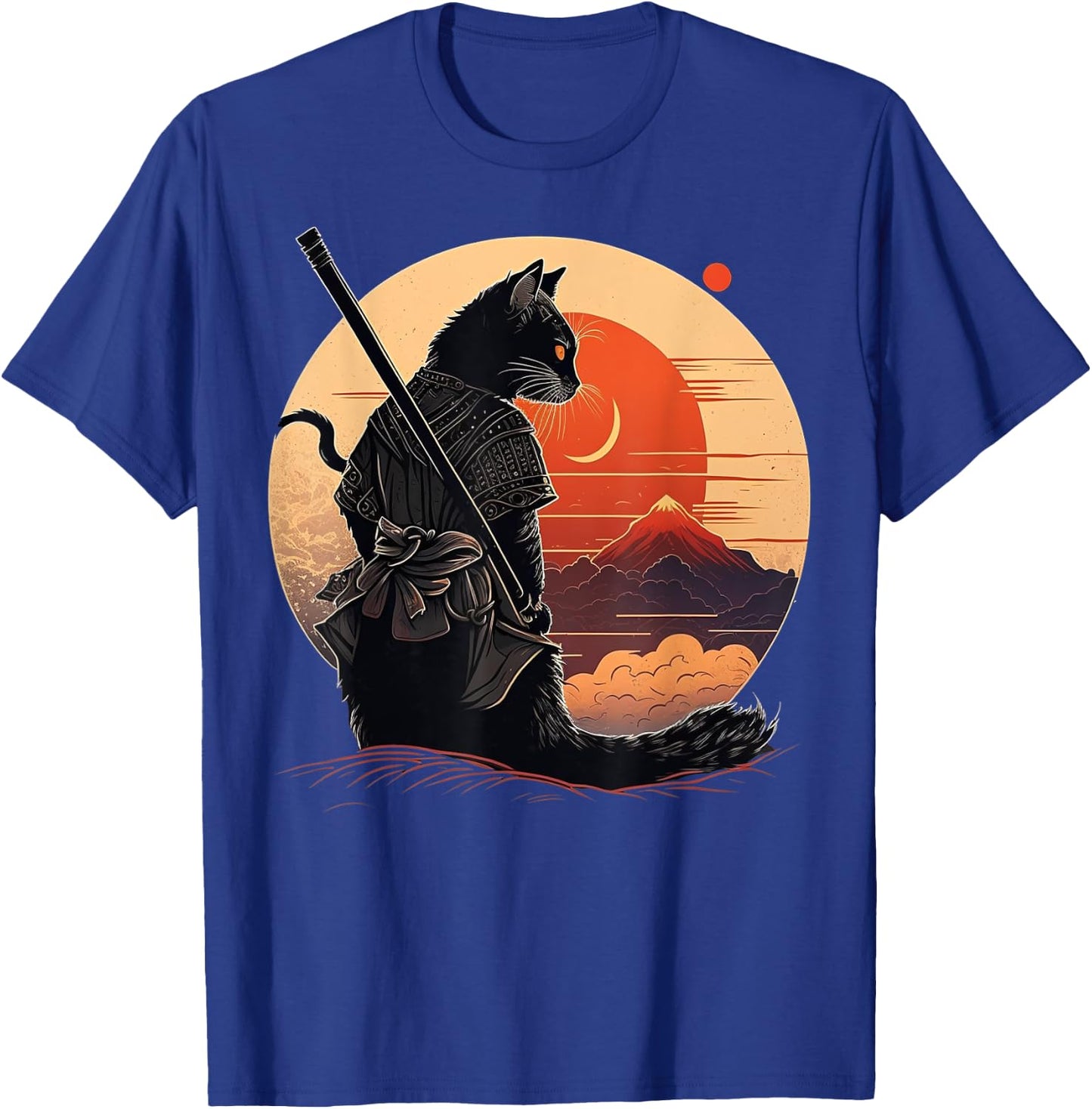Vintage Japanese Sunset Style and samurai cat Kitten Lover Men Women Kids T-Shirt - T-Shirt | Royal