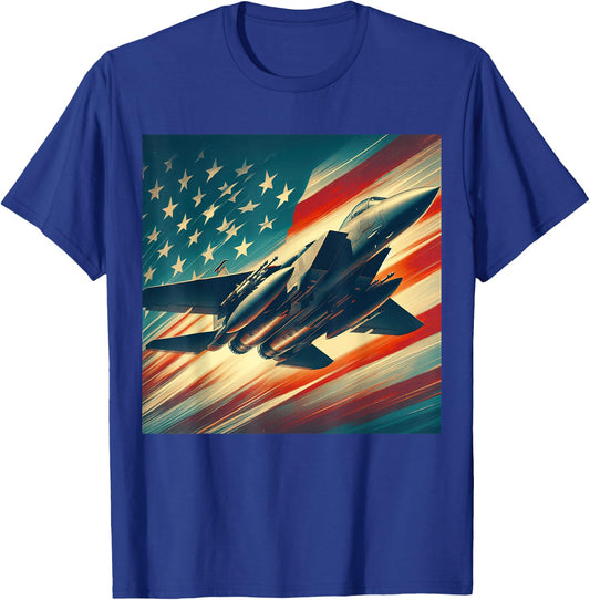 F15 Eagle Jet Fighter Vintage Color American Flag T-Shirt - T-Shirt | Royal