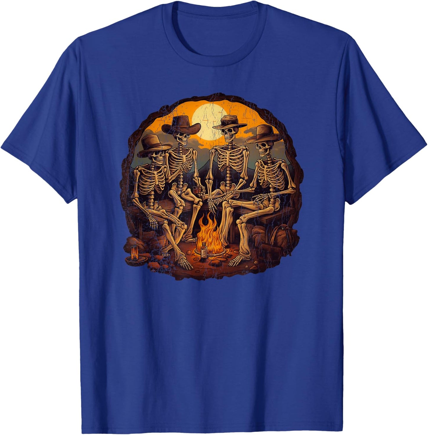 Cowboy skeletons sitting on the fire retro distress T-Shirt - T-Shirt | Royal