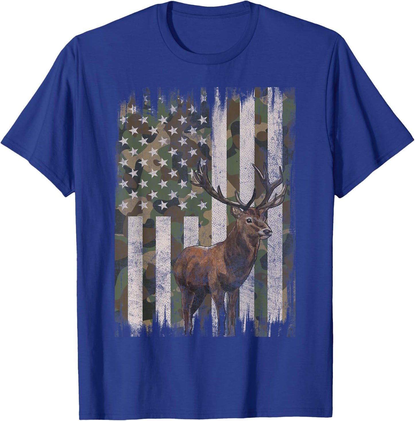 Deer Hunting Whitetail Camo American US Flag Elk Buck T-Shirt - T-Shirt | Royal