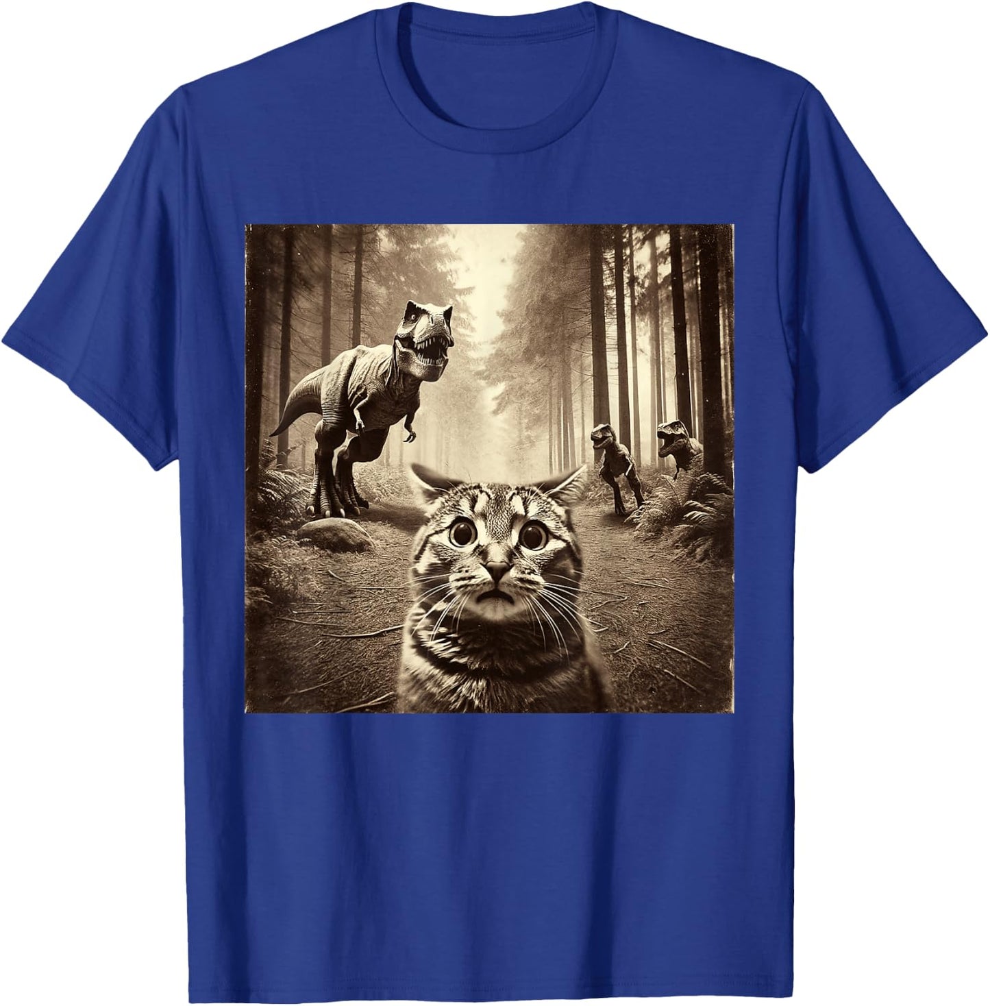Funny Last Selfie Of Cat Before T-Rex Attack Hilarious Cat T-Shirt - T-Shirt | Royal
