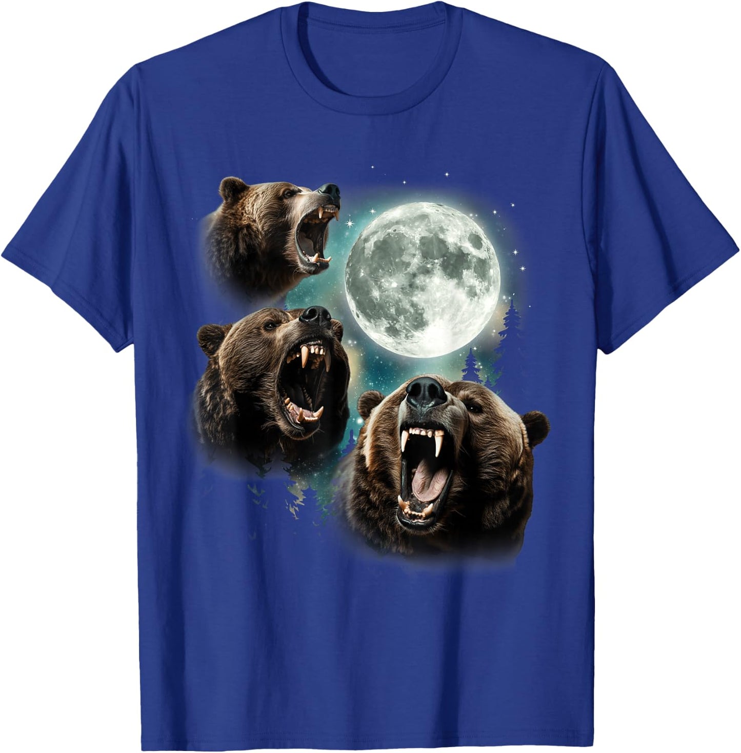 Three Grizzly Bears Howl At Moon Starry Mountain Forest Bear T-Shirt - T-Shirt | Royal