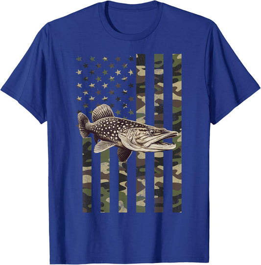 Northern Pike with Camo American Flag, Northern Pike T-Shirt - T-Shirt | Royal