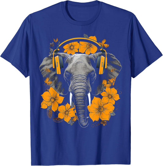 Elephant Headphones Artwork | Music Animal Flower Elephant T-Shirt - T-Shirt | Royal