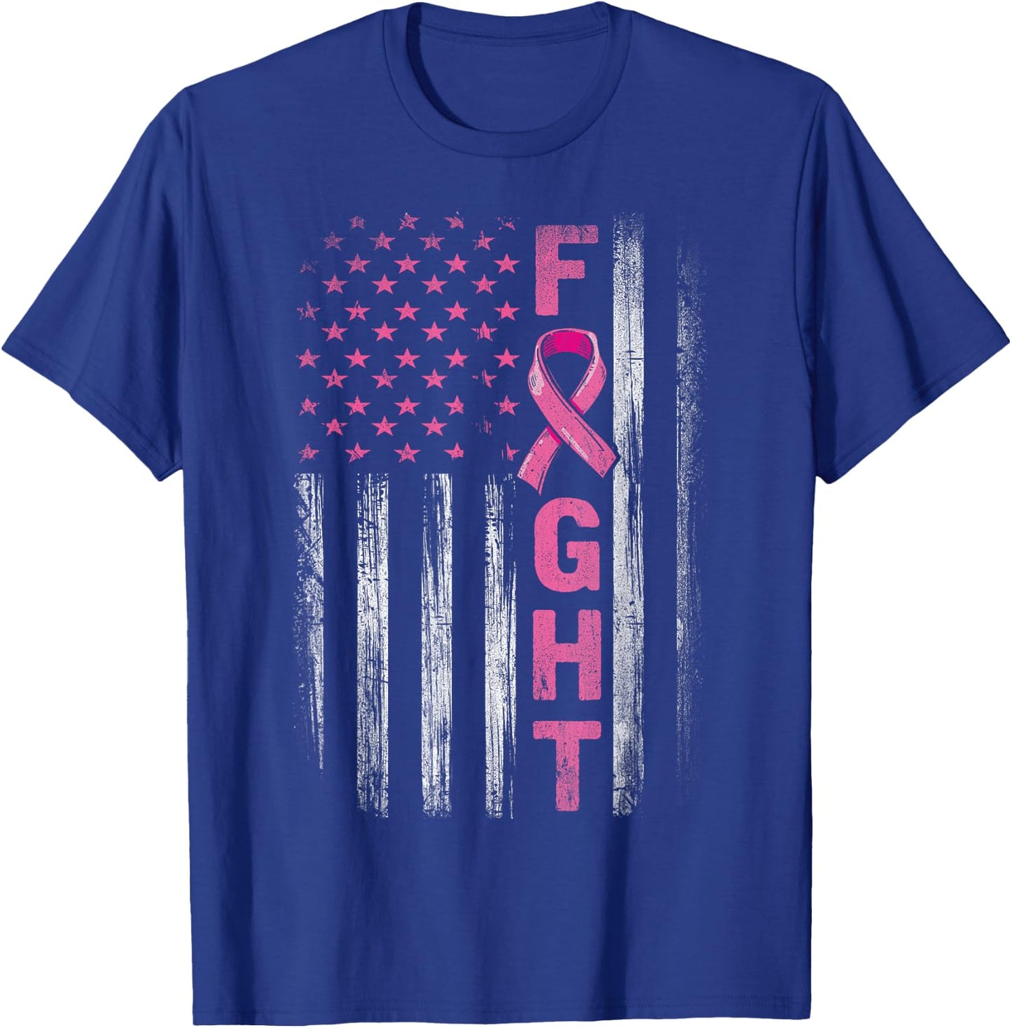 Fight Breast Survivor American Flag Breast Cancer Awareness T-Shirt - T-Shirt | Royal