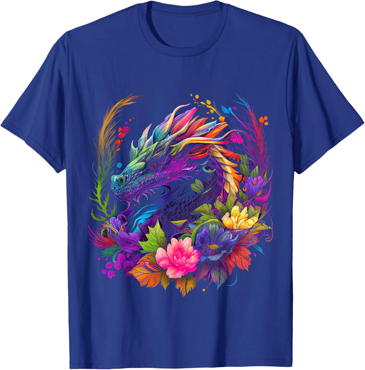 Watercolor Dragon Flowers Beautiful Art Colorful Graphic T-Shirt - T-Shirt | Royal