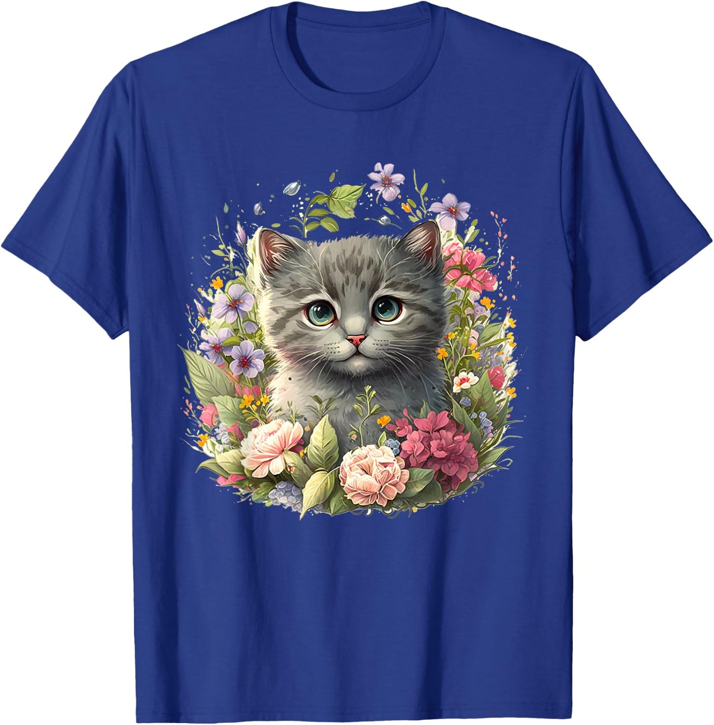 Adorable Cat, Cute Kitten Floral T-Shirt - T-Shirt | Royal