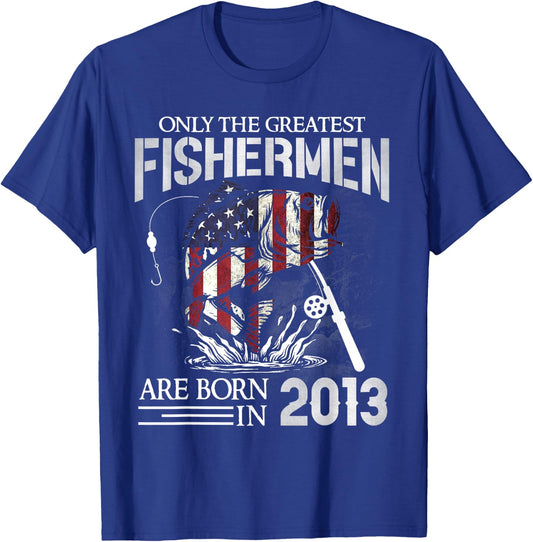 11th Birthday Fishermen USA Flag 11 Year Old Fishing Boy T-Shirt - T-Shirt | Royal