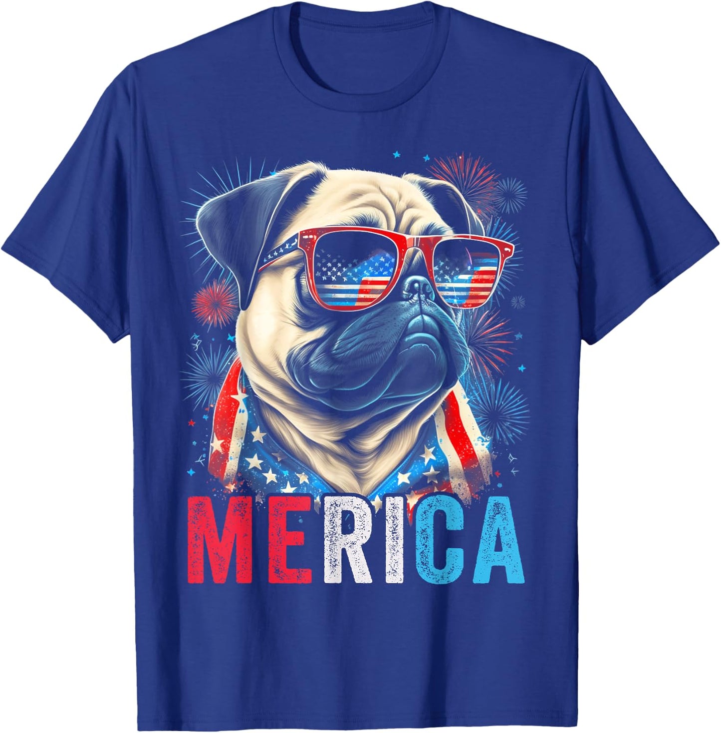 Pug Dog 4th of July American Flag America USA Merica Funny Kids Men T-Shirt - T-Shirt | Royal