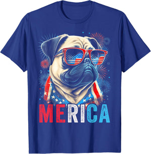 Pug Dog 4th of July American Flag America USA Merica Funny Kids Men T-Shirt - T-Shirt | Royal