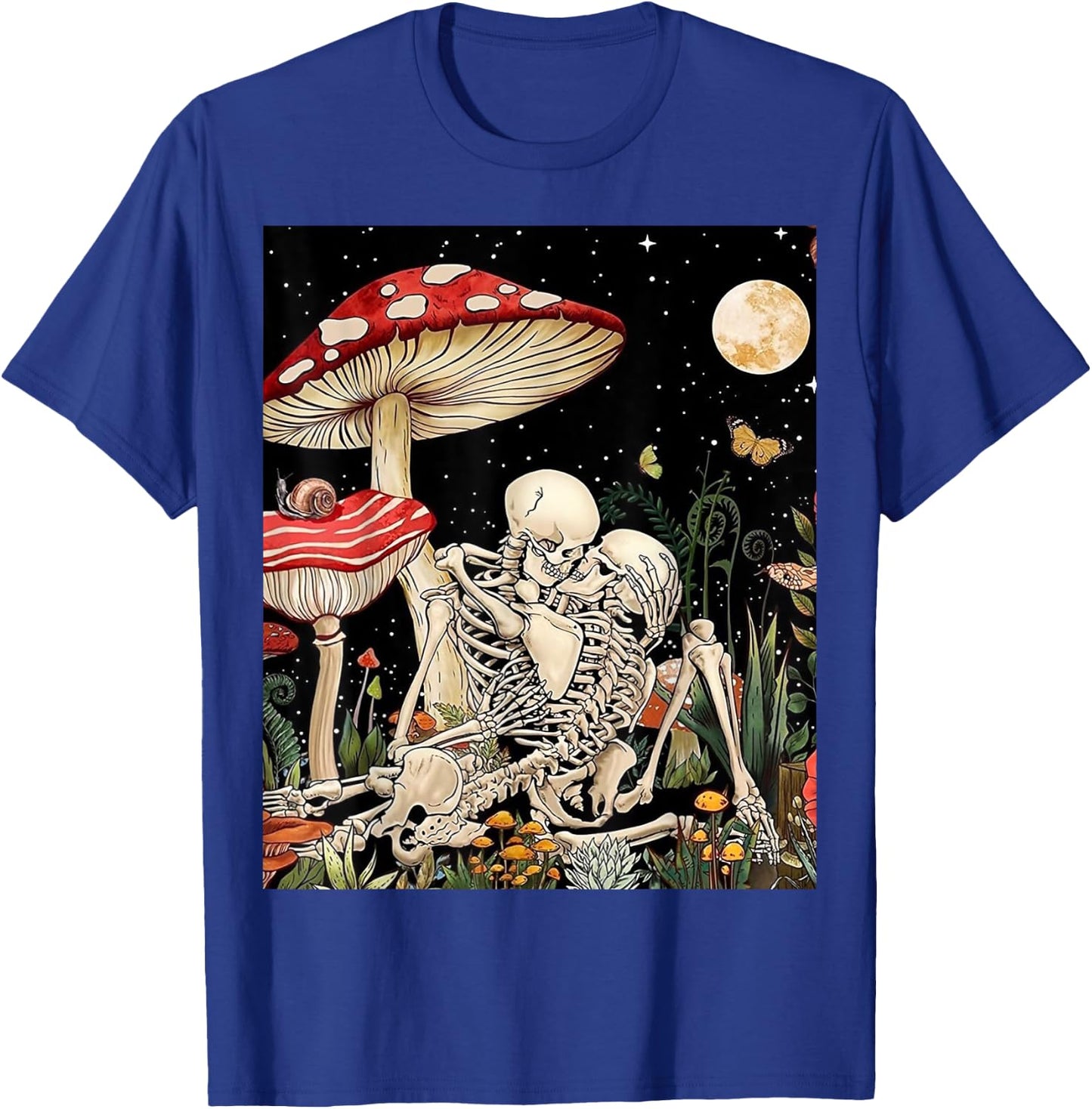 Boho Mushroom Retro Skeleton Couple Vintage Kiss Witchy Moth T-Shirt - T-Shirt | Royal