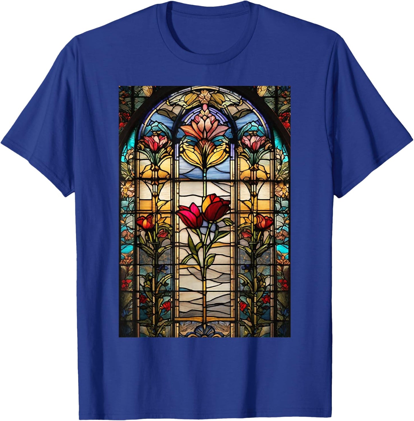 Stained-Glass Style Floral Art Flowers Surreal Print T-Shirt - T-Shirt | Royal