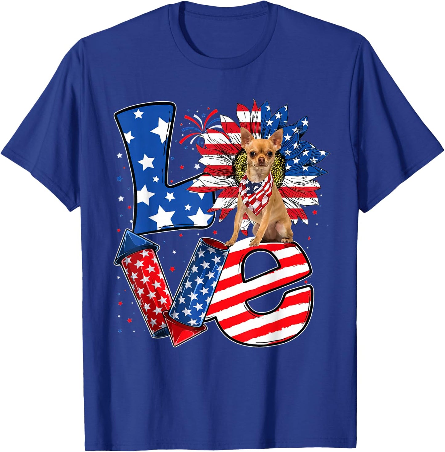 4th of July Decor Patriotic LOVE Chihuahua Dog USA Flag T-Shirt - T-Shirt | Royal