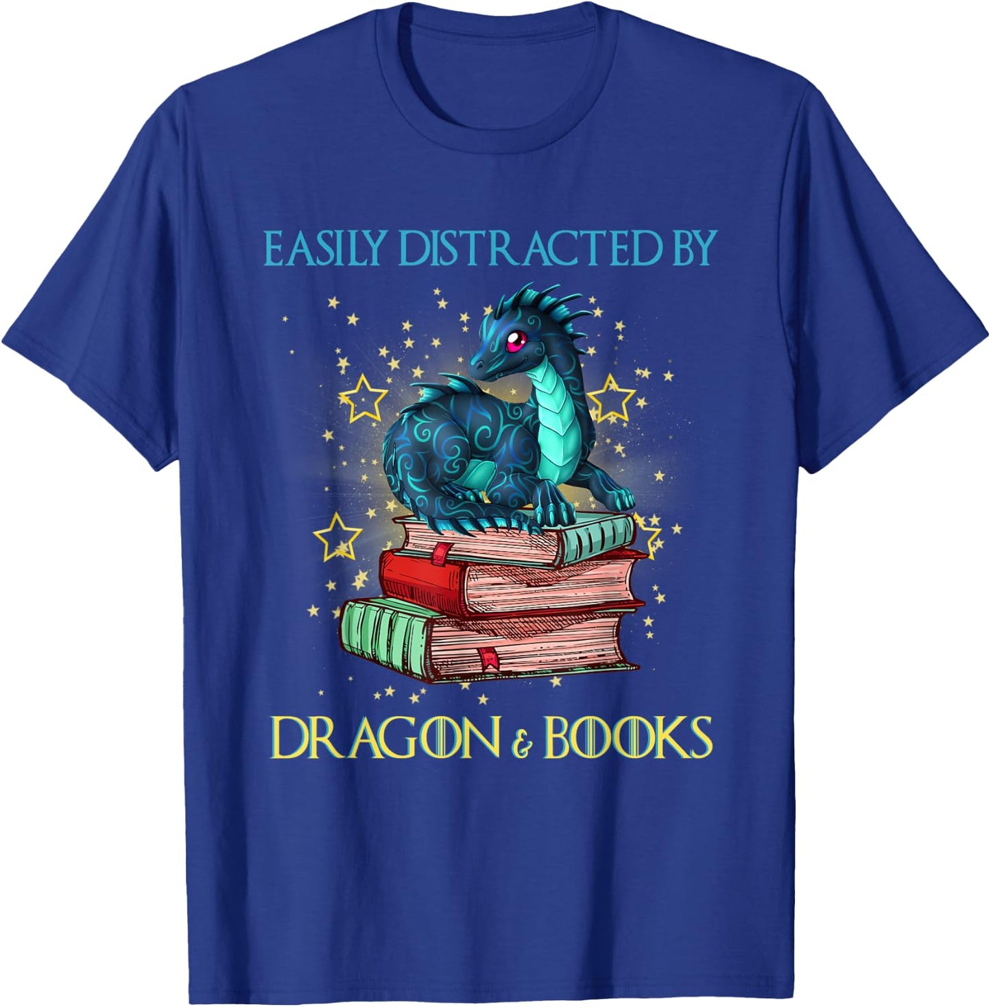 Easily Distracted By Dragons And Books Nerd Dragon Lover T-Shirt - T-Shirt | Royal