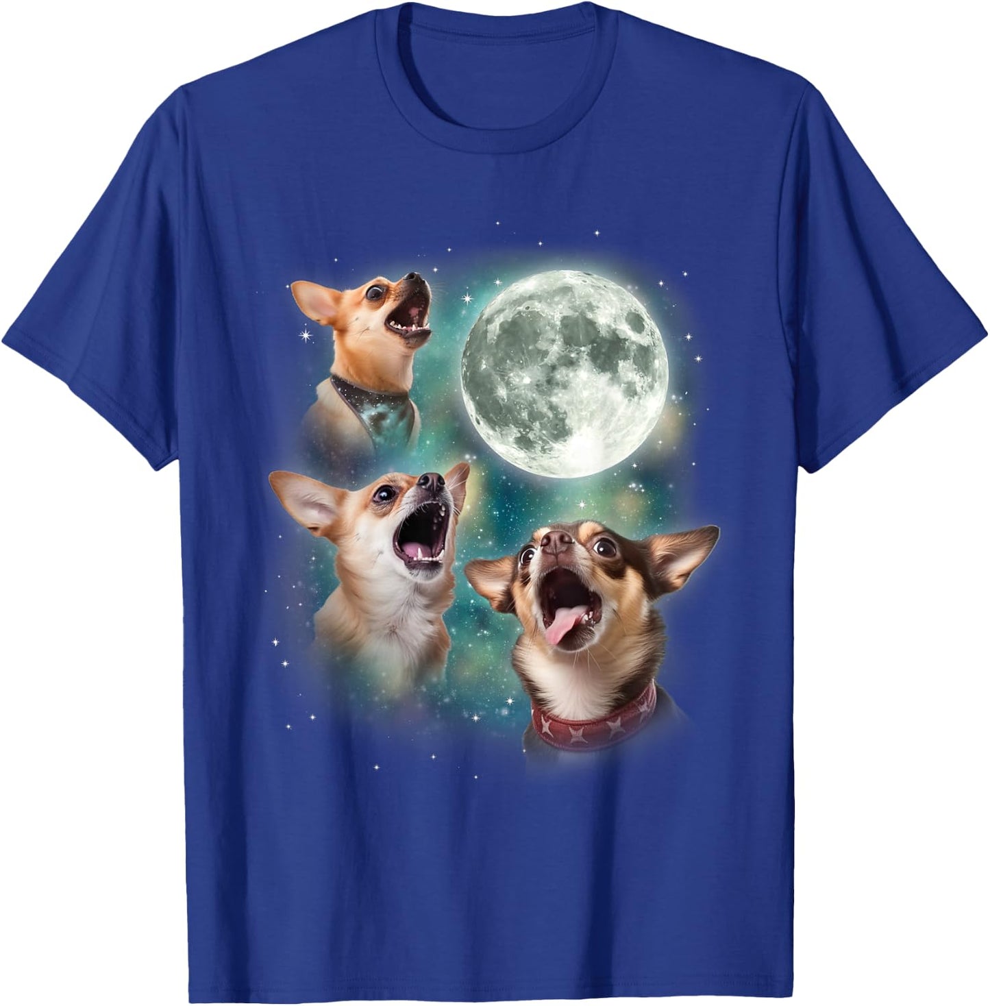 Three Chihuahuas Howl at Moon | 3 Dogs Funny Wolves Parody T-Shirt - T-Shirt | Royal