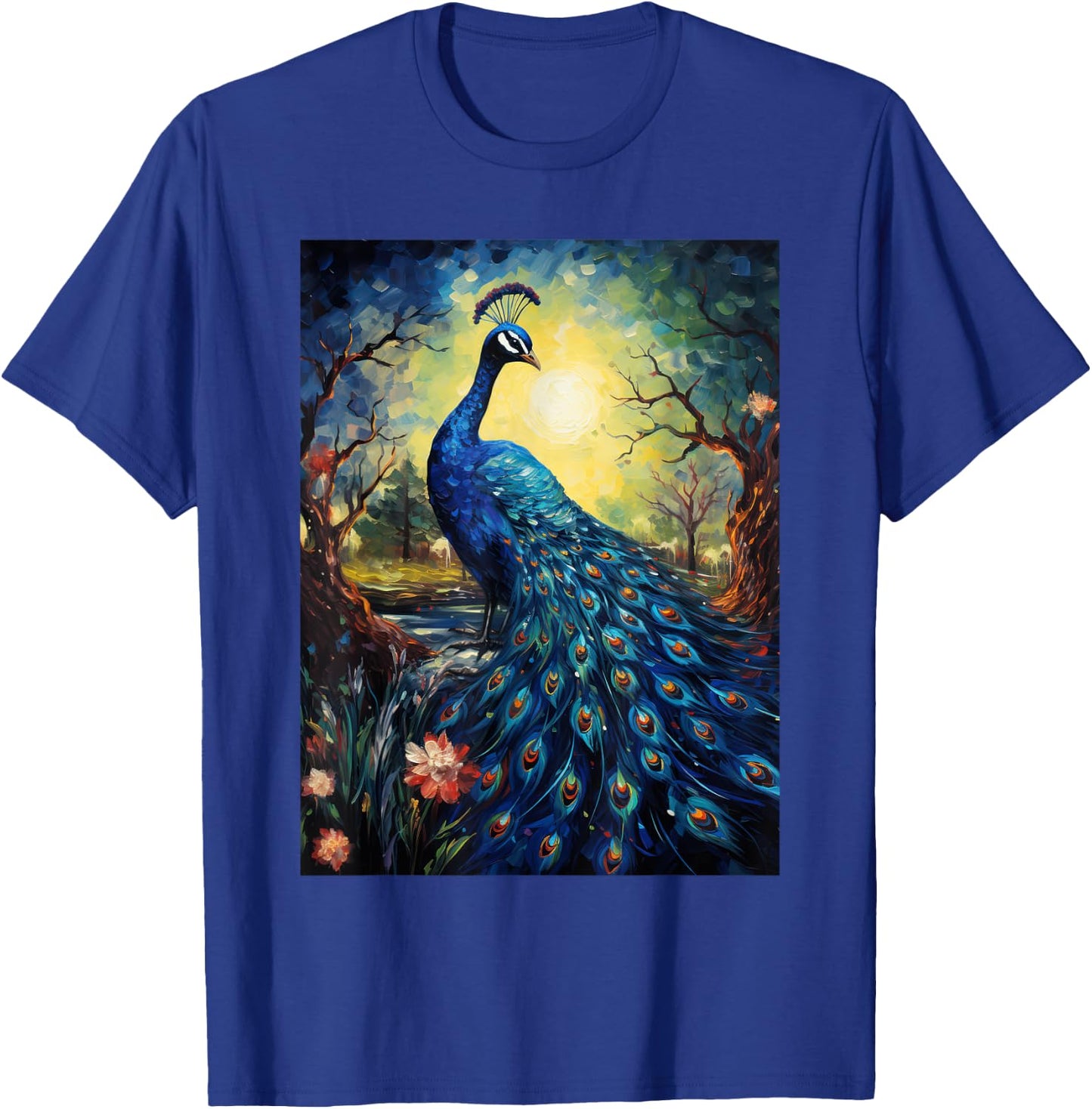 Peacock Starry Night Van Gogh Style Graphic T-Shirt - T-Shirt | Royal