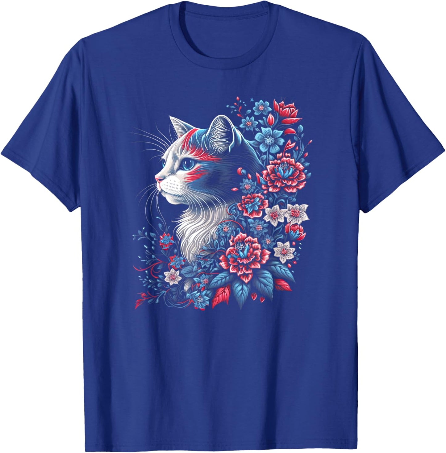 Floral Cat - Red White and Blue 4th of July Patriotic Women Kids Men T-Shirt - T-Shirt | Royal