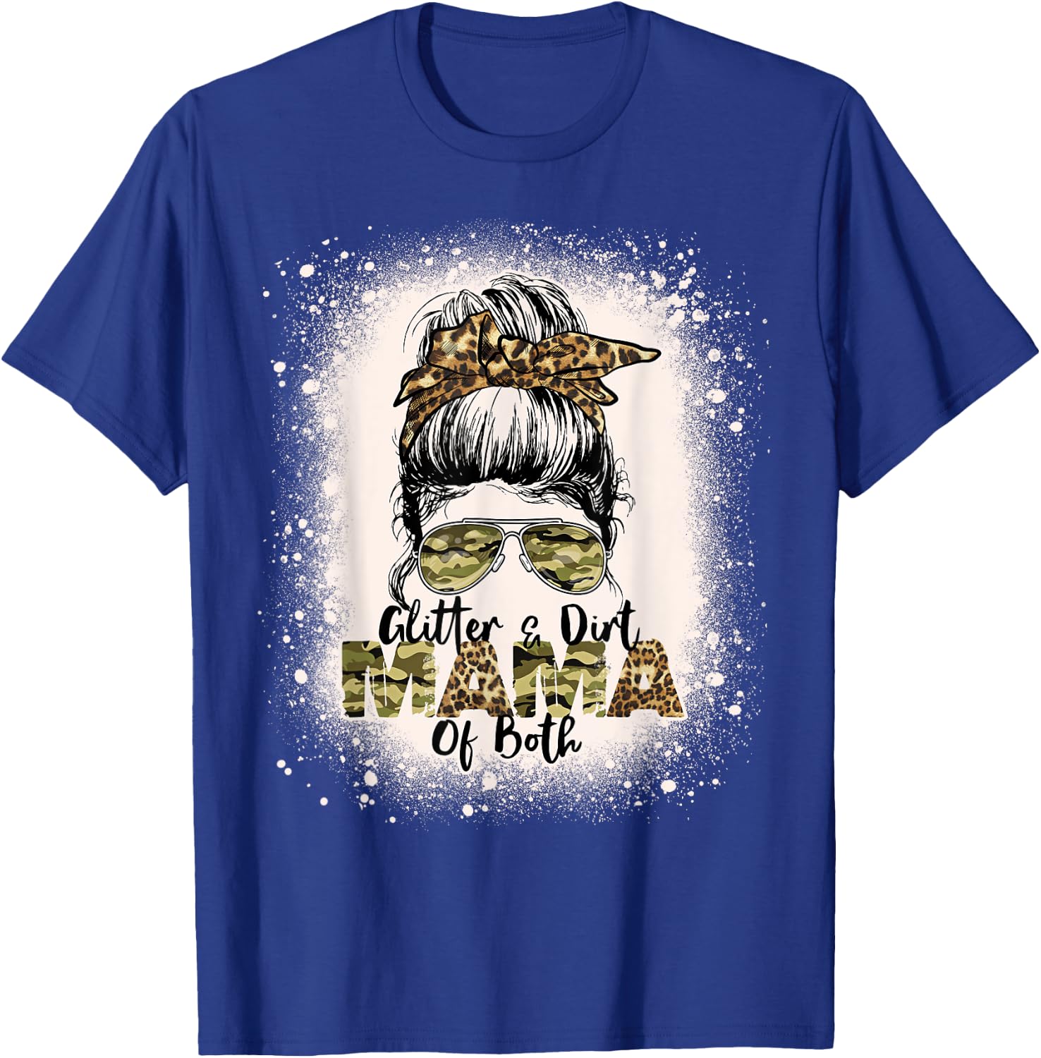 Glitter & Dirt Mama Of Both Leopard Camo Messy Bun Bleached T-Shirt - T-Shirt | Royal