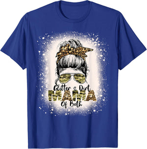 Glitter & Dirt Mama Of Both Leopard Camo Messy Bun Bleached T-Shirt - T-Shirt | Royal