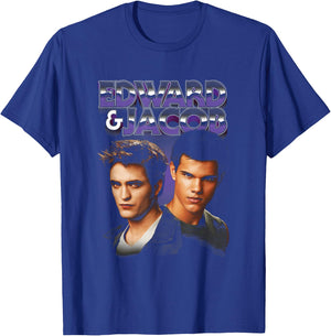Twilight Edward & Jacob Purple Chrome Text Portrait Movie T-Shirt - T-Shirt | Royal