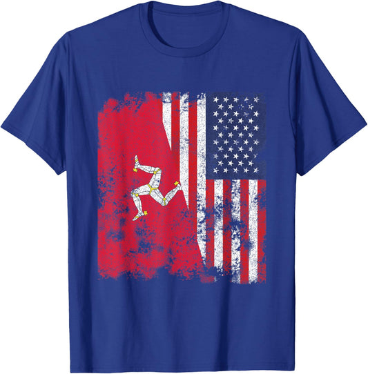 Isle Of Man USA Flag Distressed - Half American T-Shirt - T-Shirt | Royal