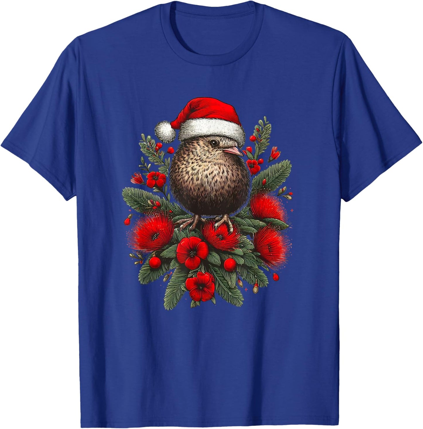 Christmas New Zealand Kiwi Bird Santa Hat Pohutukawa Tree T-Shirt - T-Shirt | Royal