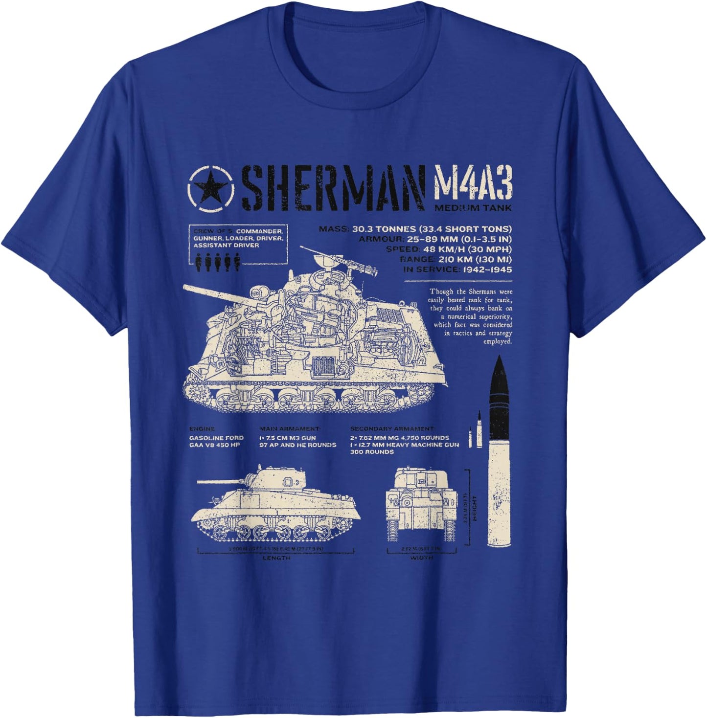 Sherman Tank World War 2 Blueprint T-Shirt - T-Shirt | Royal