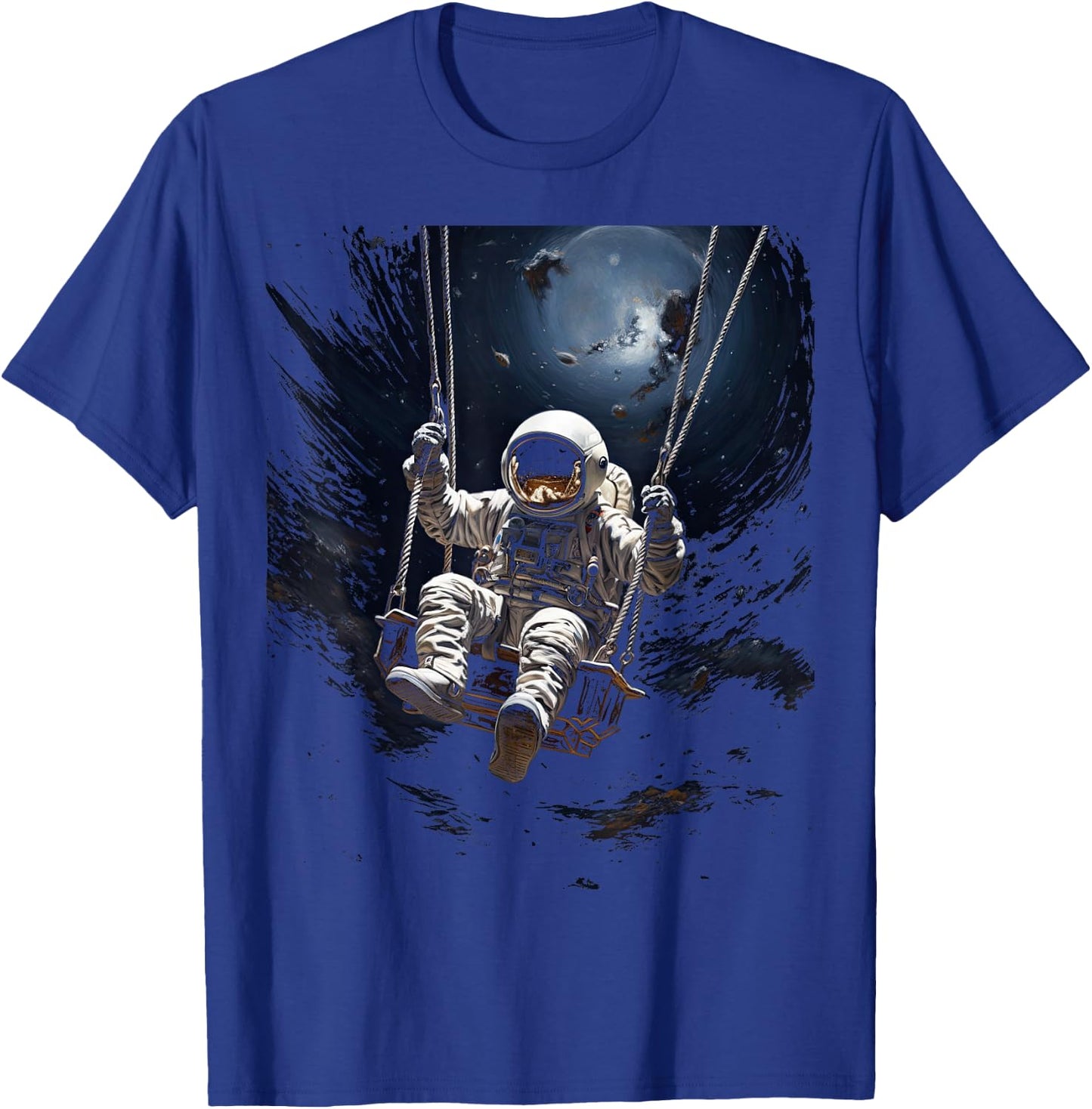 Astronaut Sitting on a Swing in Space Stars Moon T-Shirt - T-Shirt | Royal