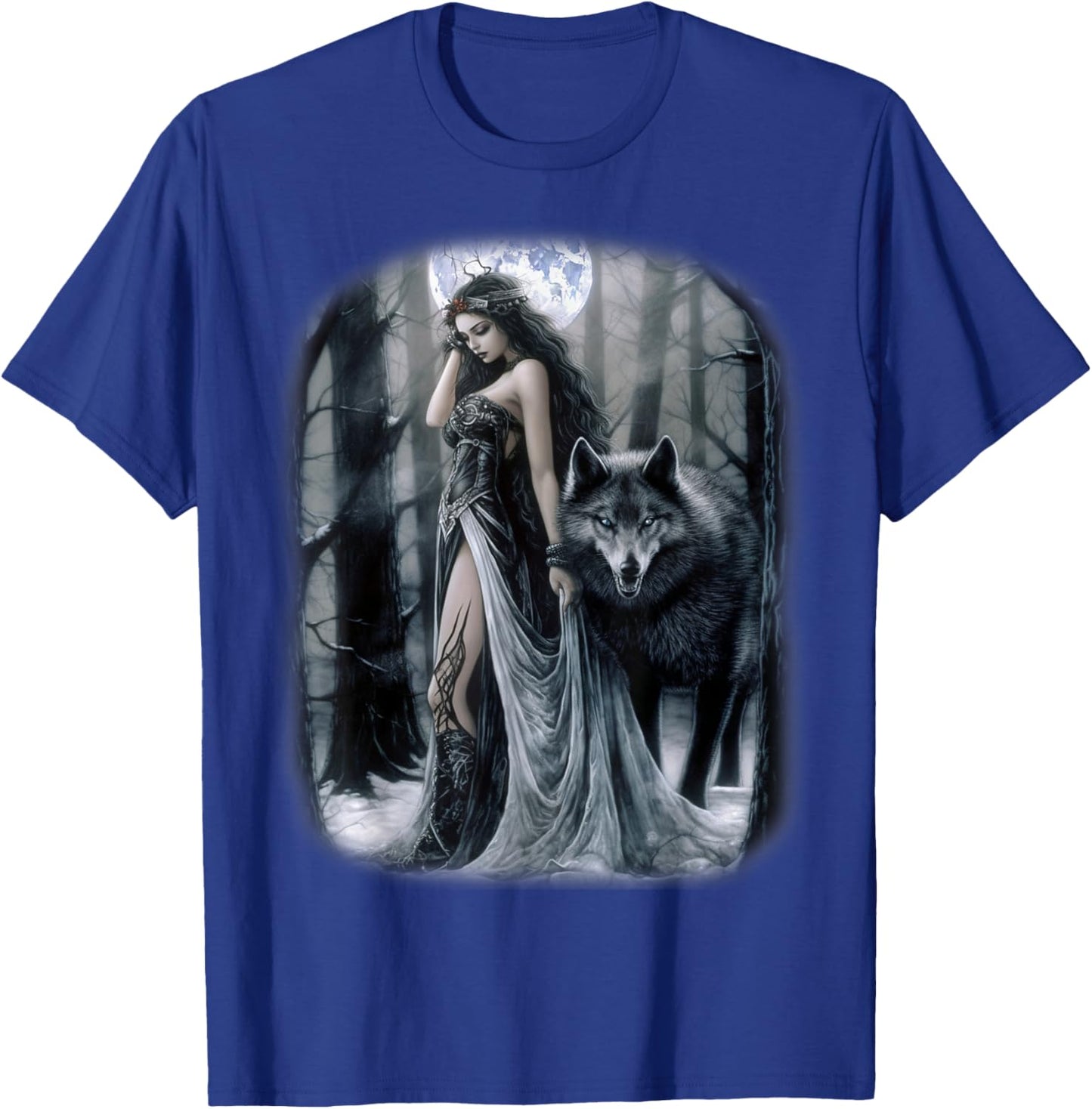 Woman and Gray Wolf in Forest Moon Fantasy Art Painting T-Shirt - T-Shirt | Royal