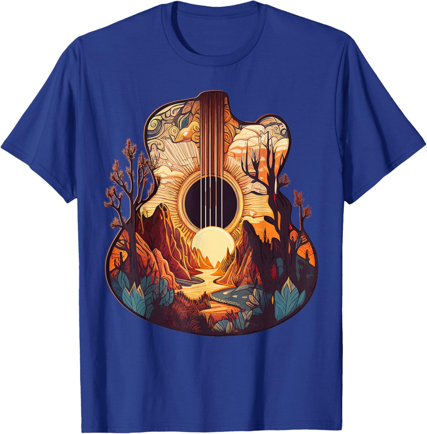 Guitar Landscape Music Lover- Acoustic Guitar Player Graphic T-Shirt - T-Shirt | Royal