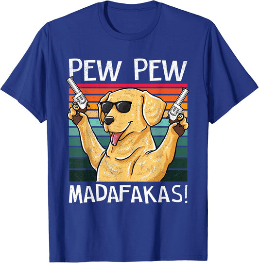 Labrador Pew Pew Dog Vintage Retro Sunset Dogs Guns Nerd T-Shirt - T-Shirt | Royal