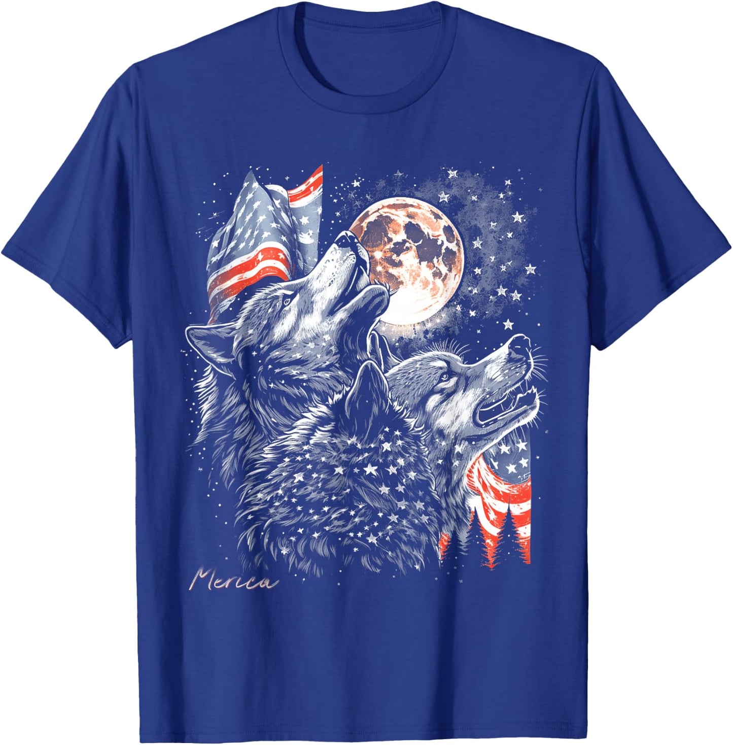 Wolf 4th of July American Flag Howling America Moon Funny T-Shirt - T-Shirt | Royal