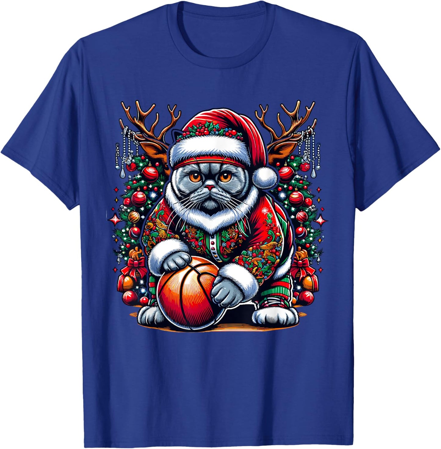 Funny Santa British Shorthair Cat Play Basketball Christmas T-Shirt - T-Shirt | Royal