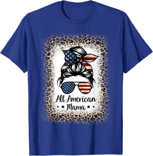 All American Mama Messy Bun Bleached Leopard 4th of July Kids Men T-Shirt - T-Shirt | Royal