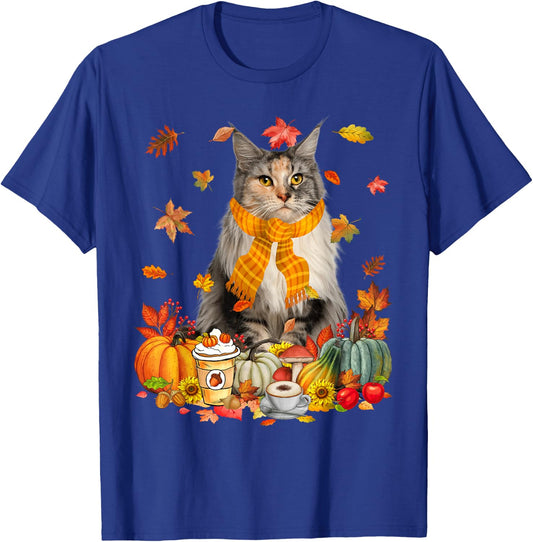 Cup Of Coffe Maine Coon Cat Pumpkins Fall Vibes Thanksgiving T-Shirt - T-Shirt | Royal