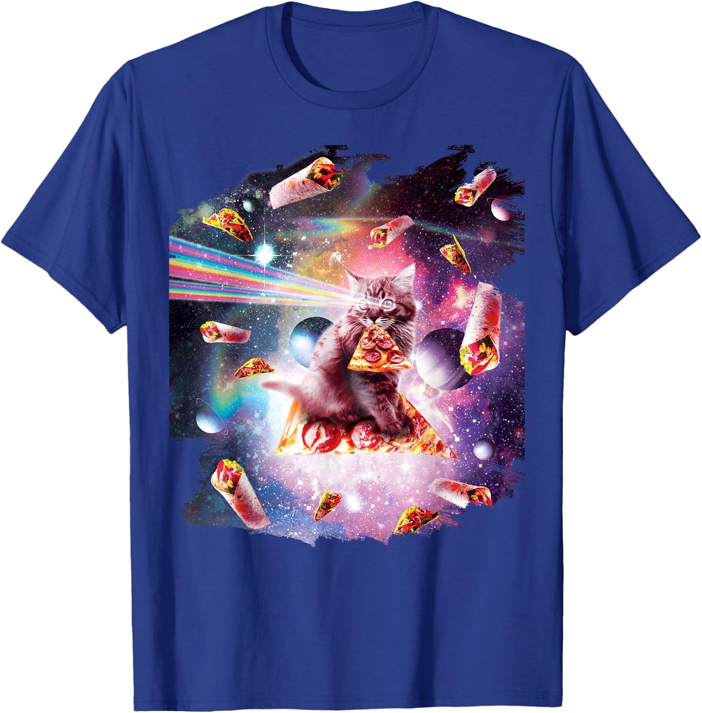 Outer Space Pizza Cat Rainbow Laser Taco Burrito Men Women Kids T-Shirt - T-Shirt | Royal