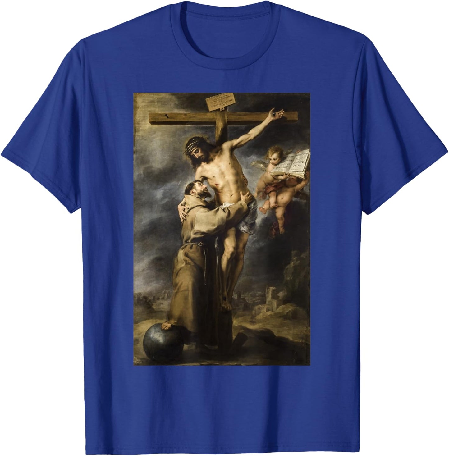 Saint Francis Embracing Christ on the Cross Painting Murillo T-Shirt - T-Shirt | Royal